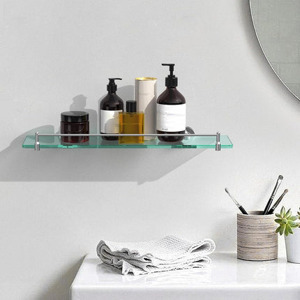KOCOK 20 Inches Glass Shelves for Bathroom, Chrome Polished Floating Glass Shelf Stainless Steel Tempered Glass Bathroom Shelves for Wall Mount Modern