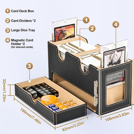 UAONO MTG Deck Box with 2 Commander Display and Dice Tray-Patented Design, Double Deck Box for 280+ Single Sleeved Cards, Leather Magnetic Card Storage Box Fits for TCG CCG Magic Cards (Black&Khaki)