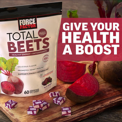 Force Factor Total Beets Soft Chews with Beetroot, Nitrates, L-Citrulline, Grapeseed Extract, and Antioxidants, Healthy Energy Supplement with Elite Ingredients, Heart Health Superfood, 60 Chews