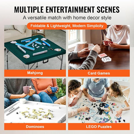 VEVOR Mahjong Table, Fold-in-Half 4 Player Card Table with Wear-Resistant Green Tabletop, Portable Bi-Folding Square Domino Table with Carrying Handle for Outdoor Camping Picnic Party, 90 x90-inch