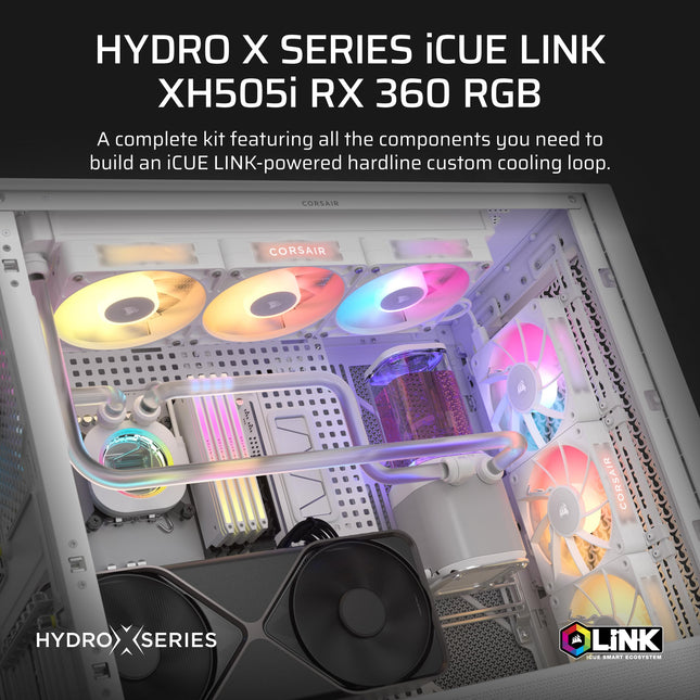 Corsair iCUE LINK Kit de Refrigeración Líquida Personalizada XH505i RX 360 RGB – Bloque de Agua para CPU XC7 ELITE, Depósito de Bomba XD6 ELITE, 3 Ventiladores RX120 RGB, Radiador XR5 de 360mm, Concentrador del Sistema iCUE LINK – Blanco