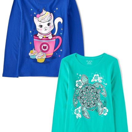 The Children's Place Girls' Unicorns,Sports,Butterflies Long Sleeve Graphic T-Shirts,2 Pack, Cat Mug/Turtle, X-Small