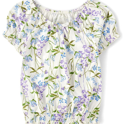 The Children's Place Girls' Smocked Short Sleeve Tops, Floral Hem Puff, Medium