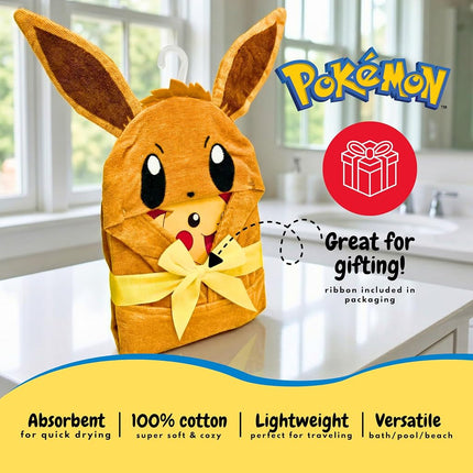 Pokemon Eevee Kids Super Soft Bath/Pool/Beach Soft Cotton Terry Hooded Towel Wrap, 24" x 50", (Officially Licensed Product) By Franco