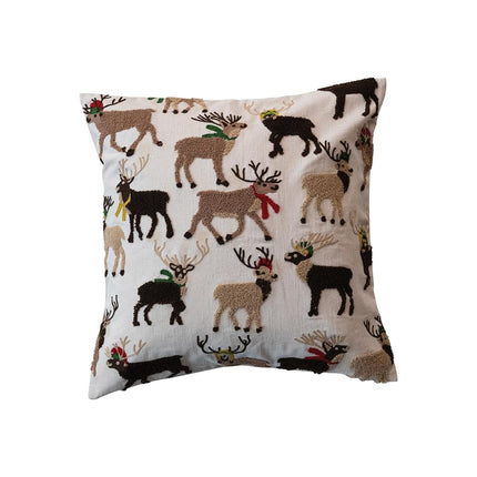 Creative Co-Op, Multicolor Square Cotton Slub Pillow with Tufted and Embroidered Reindeer