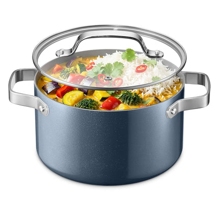 Blue 5 Quart Aluminum Stock Pot with Lid, Nonstick Ceramic Coated Boiling Pot, PTFE & PFAS Free, Oven Safe to 500°F, Riveted Stainless Steel Handles, Tempered Glass Lid, All Stove Compatible