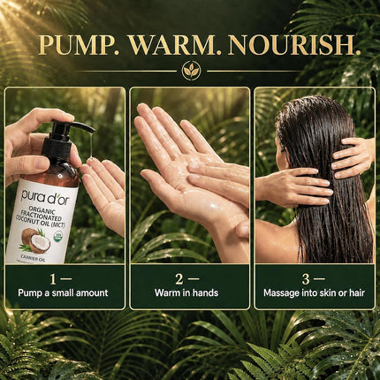 Pura D'or Organic Fractionated Coconut Oil (16oz / 473ml) USDA Certified 100% Pure & Natural MCT Oil Sustainably Sourced Hexane Free Moisturizing Carrier Oil For Face, Skin & Hair (Packaging may vary)