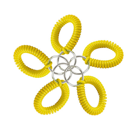 Lucky Line 2” Diameter Spiral Wrist Coil with Steel Key Ring, Flexible Wrist Band Key Chain Bracelet, Stretches to 12”, Yellow, 5 Pack (4108005)