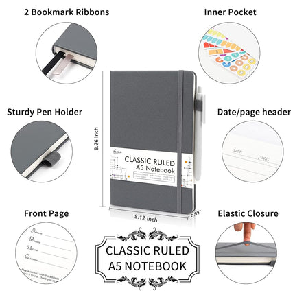 feela 3 Pack Notebooks Journals Bulk with 3 Black Pens, A5 Hardcover Notebook Classic Ruled Lined Journal Set with Pen Holder for Work Business Journaling Note Taking, 120 GSM, 5.1”x8.3”, Gray