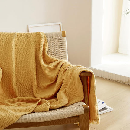 Manta Simple&Opulence de muselina de algodón de 4 capas para cama, sofá, manta de gasa tejida con borlas, suave, ligera, acogedora, prelavada, transpirable, decoración de granja para todas las estaciones (amarillo)
