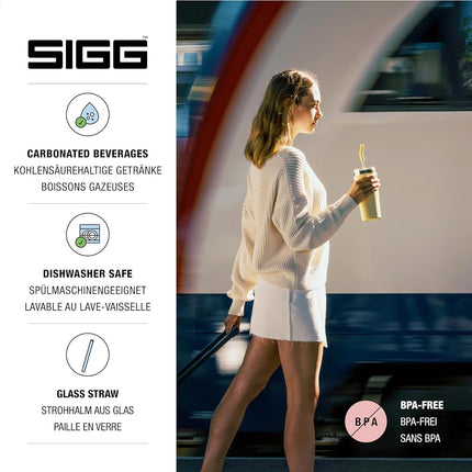 Sigg Helia Travel Mug, Double-Walled Insulated Thermal Cup with Glass Straw, Leakproof Stainless Steel Tumbler for Hot and Cold Drinks