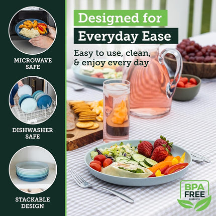 Grow Forward Premium Wheat Straw Plates - 10 Inch Reusable Hard Plastic Dinner Plates Set of 8 - Unbreakable Microwave Safe Plates for Dessert, Camping, RV, Outdoors, Patio, Kitchen Dishes - Seascape