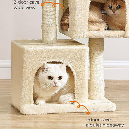 Feandrea Cat Tree Tower, 67 cm, S, Condo for Kittens up to 7 lb, Large Perch, 2 Caves, Scratching Post, Beige UPCT611M01