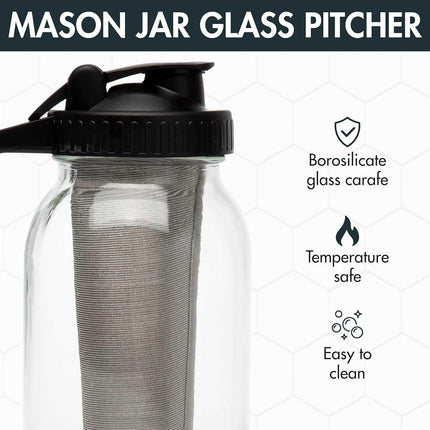 Primula Mason Jar Cold Brew Iced Coffee Maker with Stainless Steel Filter and Easy Pour Lid, Durable Glass Pitcher Fits in Most Fridge Doors, Dishwasher Safe, Made Without BPA, 2-Quart, Black