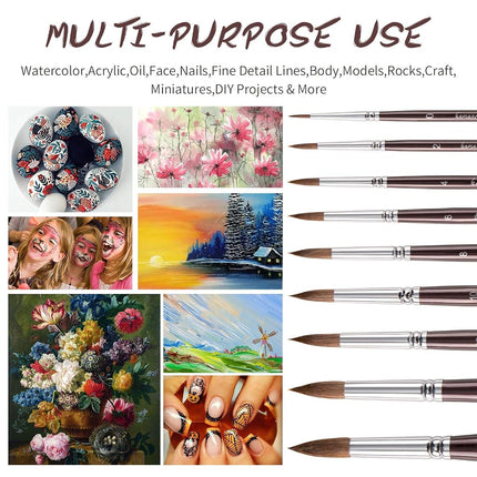 Fuumuui 9pcs Detail to Mop Kolinsky Sable Brushes - Round Pointed Professional Watercolor, Gouache, Acrylic, Oil Painting Brushes - Brown Wooden Handles