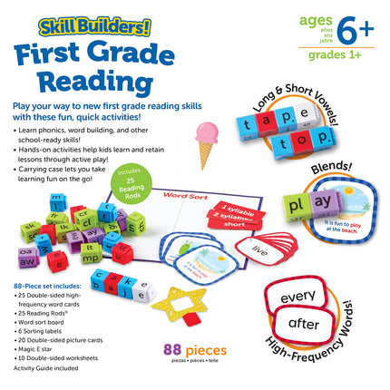 ¡Learning Resources Skill Builders! Lectura para 1.er grado, Educación en casa, Plan de estudios para primer grado, Juegos de aprendizaje, Primer grado, Materiales de aprendizaje, 88 piezas, Edad 6+