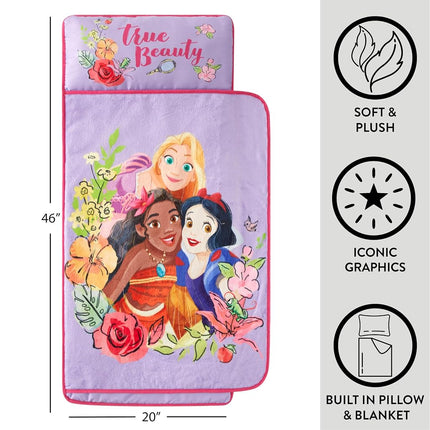 Disney Princess Super Soft Plush Toddler Quilted Nap Mat with Built in Blanket and Pillow, 20" Wx46 L