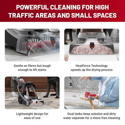 Hoover PowerDash Compact Carpet Cleaner, Powerful Pet Stain and Odour Remover, Upright Carpet Washer for Small Spaces, Hallways and Corridors, Lightweight, Quick Dry