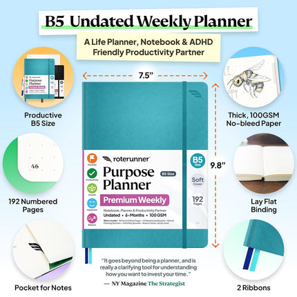 Roterunner Softcover Purpose Planner Notebook B5 7.5 x 9.8 Undated Daily Planner 2024-2025 Daily Weekly and Monthly Productivity Planner Life Planner ADHD Planner for Adults Self Care Journal
