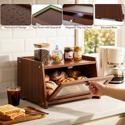 Wooden Bread Box for Kitchen Countertop with Clear Acrylic View Window