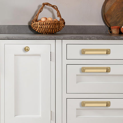khtumeware 10 Pack 3-3/4" Drawer Pulls Brushed Brass Cabinet Cup Pulls Kitchen Hardware Brushed Gold Cabinet Handles Drawer Handles Knobs 3-3/4 inch Hole Center