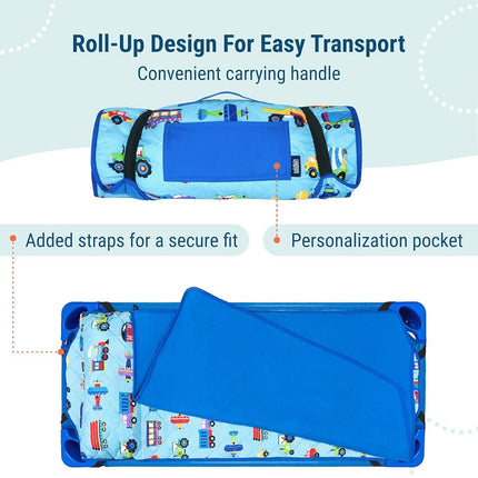 Tapis de sieste matelassé Wildkin pour enfants – Microfibre douce et sangles élastiques – Idéal pour l'école, les soirées pyjama et les voyages – Trains, avions et camions