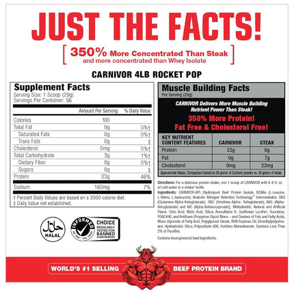 MuscleMeds Carnivor Beef Protein Isolate Powder, Muscle Building, Recovery, Lactose Free, Sugar Free, Fat, Free, 23g Protein, Rocket Pop, 56 Servings