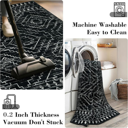 Wonnitar Moroccan Washable Area Rug 5x7, Black Large Rug for Living Room, Non-Slip Boho Bedroom Throw Mat, Low Pile Stain Resistant Geometric Floor Carpet for Dining Table Kitchen Dorm (Black,5'x7')