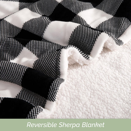 Elegant Comfort Ultra Soft Reversible Buffalo Plaid Flannel Sherpa Blanket - Cozy Silky Checkered Fleece Throw for Couch, Bed - Plush Fuzzy Warm Winter Blanket for Gift, Twin XL, Black