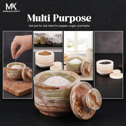 MARBLOUS KRAFTS Marble Salt Cellar with Lid White Onyx and Green Onyx 3" Stone Spice Jar, Perfect for Kitchen Counters, Ideal for Storing Salt, Sugar, and Pepper Bowls