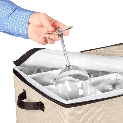 Wine Glass Storage Box with Dividers - Holds 12 Standard Size Wine Glasses up to 10" Tall - Stemware Storage Case - Protects Fine China - Durable Quilted Microfiber Bin with Carry Handles