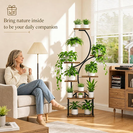 Plant Stand Indoor with Grow Lights - 62" Tall Plant Shelf, Lighted Corner Plant Stands for Indoor Growing, 8 Tiered Large Flower Holder, S-Shaped Decorative Rack for Living Room, Patent Design, Brown