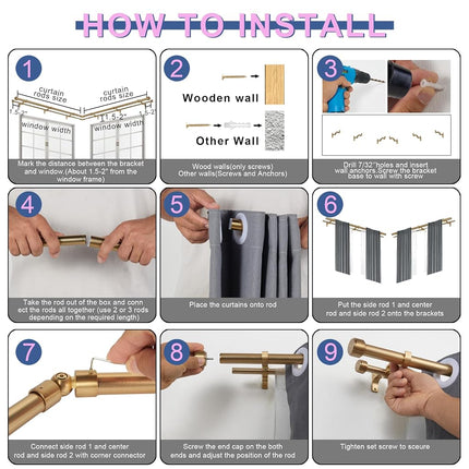 Barras de cortina de esquina doble Mayrhyme Warm Gold con remates de tapa de aluminio y soportes, barras de cortina de ventana salediza doble de 1 pulgada de diámetro, barra doble central ajustable de 2 lados de 20-36" y 36-72"