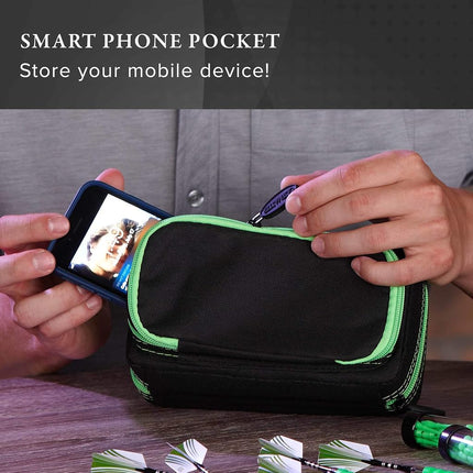 Casemaster by GLD Products Plazma Pro Black and Trimed Dart Case with Phone Pocket, Green Trim