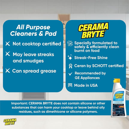 Cerama Bryte Combo Kit POW-R Grip, Scraper, Pad & Removes Tough Stains Cooktop and Stove Top Cleaner for Glass - Ceramic Surfaces, 10 Ounces, 4 Piece