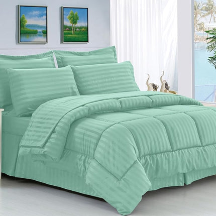 Parure de lit 8 pièces à rayures gaufrées Elegant Comfort Silky Soft, comprend un ensemble de draps 4 pièces Smart Sheet, un cache-sommier, une couette, des taies d'oreiller et des housses de coussin assorties - Lit simple/simple XL, Vert menthe