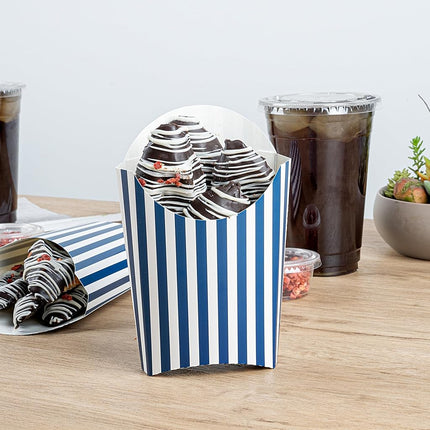 Bio Tek 4.7 x 3.5 x 5.1 Inch French Fry Cup, 100 Disposable Snack Cups - Stackable, Sustainable, Blue and White Paper 4 Ounce Fry Holder, for Fries, Onion Rings, Popcorn, or Cookies - Restaurantware
