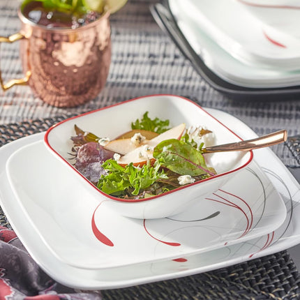 Corelle Vitrelle 18-Piece Service for 6 Dinnerware Set, Triple Layer Glass, Chip Resistant, Lightweight Square Plates and Bowls, Splendor
