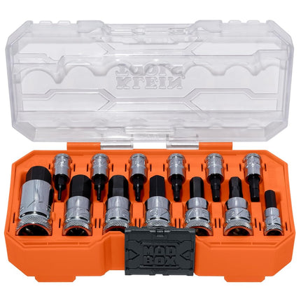 Klein Tools 65213HEX Knurled Hex Bit Socket Set, 1/4, 3/8 and 1/2-Inch Drives, Premium Cr-V Steel, SAE Sizes 5/64 to 9/16-Inch, MODbox Case, 13-Piece