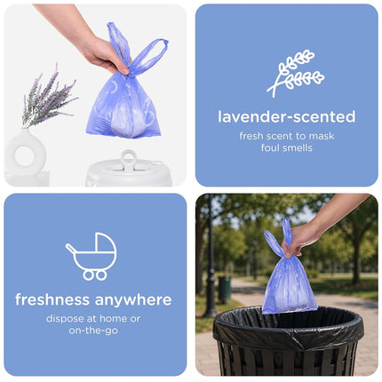 Ubbi Disposable Nappy Sacks, Lavender Scented, Easy-To-Tie Tabs, Durable, Thick Baby Nappy Disposal or Pet Waste Bags, 200 Count