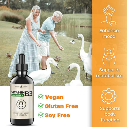 Liquid Vitamin B3 (as Niacinamide) Supplement - Non Flush Form of Niacin - Fast Absorption -Convenient Niacin Drops for Women and Men - 4 oz (120ml )
