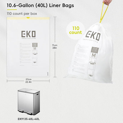 EKO 10.6 Gallon / 35–40 Liter Drawstring Trash Bags, 110 Count Heavy-Duty Tall Kitchen Garbage Can Liners, Extra-Strong Leak-Resistant, Unscented, White, Code M