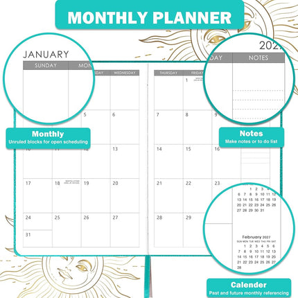 2026 Planner - 2026 Weekly Monthly Planner, January 2026 - December 2026, 5.75" x 8.25", Faux Leather Planner 2026 with Back Pocket & 40 Notes Pages - Turquoise Gold Foil