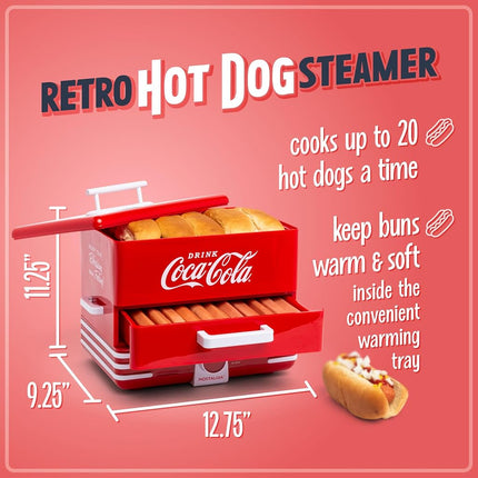 Nostalgia Extra Large Diner-Style Coca-Cola Steamer Cooks 20 Hot Dogs & 6 Buns - Hot Dog Steamer for Breakfast Sausages, Brats, Vegetables & Fish - Bun Steamer Perfect for Game Days or Parties - Red