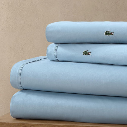 Lacoste 100% Cotton Percale Solid Sheet Set, Breathable, Cooling & Hotel Quality Sheets - Deep Pocket, Easy-Fit, Oeko-Tex Certified, Allure Blue, Twin Extra Long