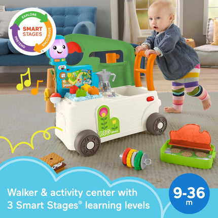 Fisher-Price Ríe y Aprende Autocaravana 3 en 1 para bebés y niños pequeños, andador y centro de actividades con Smart Stages para edades de más de 9 meses