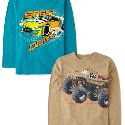 The Children's Place Boys' Assorted Everyday Long Sleeve Graphic T-Shirts,multipacks, Monster Truck/Speed Car 2-Pack, XX-Large