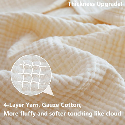 Couverture Plaid en Mousseline de Coton Simple&Opulence 4 Couches pour Lit, Canapé, Couverture en Gaze Tissée avec Pompons, Douce Légère Confortable Pré-lavée Respirante Décoration de Ferme pour Toutes Saisons (Blanc)