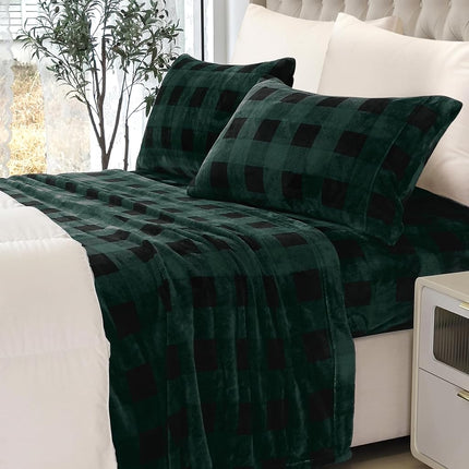 Elegant Comfort Luxuriously Soft 4-Piece Velvet Plush Flannel Sheet Set - Premium Quality - Cozy Warm, Anti-Static, Non Pilling Fuzzy Velvet Flannel Fleece Deep Pocket Sheet Set-Twin XL, Buffalo Green
