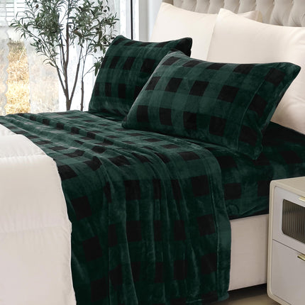Elegant Comfort Luxuriously Soft 4-Piece Velvet Plush Flannel Sheet Set - Premium Quality - Cozy Warm, Anti-Static, Non Pilling Fuzzy Velvet Flannel Fleece Deep Pocket Sheet Set - Twin, Buffalo Green
